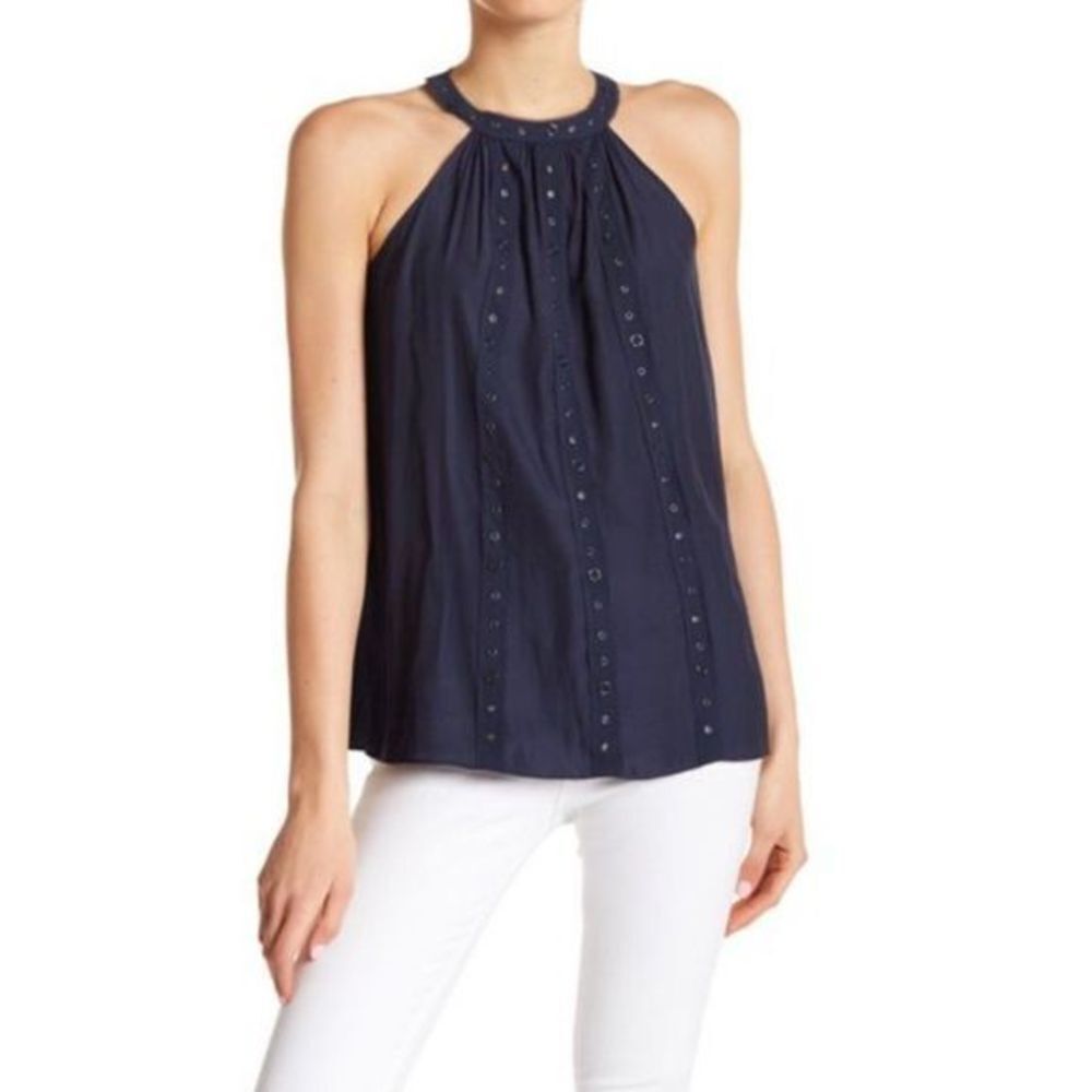 RAMY BROOK Black Collie Flowy Halter Top Blouse w/ Silver Grommet Accents - Sz M